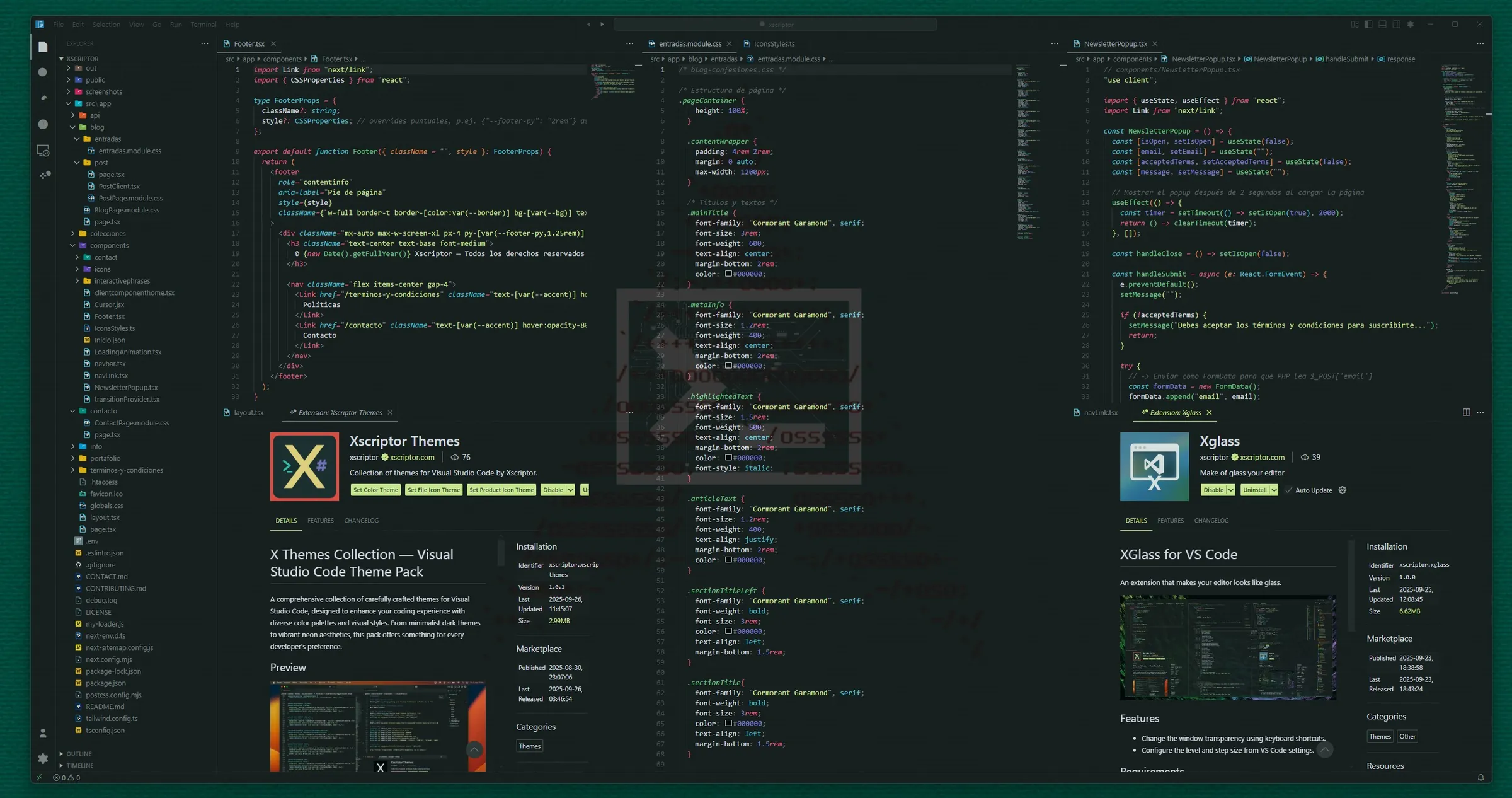 Xglass editor preview showing the extension over a darker coding workspace.